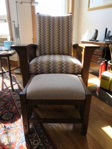 Stickley Chair & Ottoman | Chair upholstered in a United Fabrics Sunbrella exclusive | Ottoman upholstered in a JF Fabrics high performance fabric | Upholstered by Cape Cod Upholstery Shop | Located in South Dennis, MA