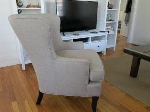 Wing Chair Side View | Upholstered in a JF Fabrics High Performance Fabric | Upholstered by Cape Cod Upholstery Shop | Located in South Dennis, MA