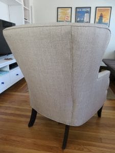 Wing Chair Back View | Upholstered in a JF Fabrics High Performance Fabric | Upholstered by Cape Cod Upholstery Shop | Located in South Dennis, MA