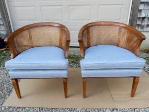 Cane Back Barrel Chairs | Upholstered in a JF Fabrics High Performance Fabric | Upholstered by Cape Cod Upholstery Shop | Located in South Dennis, MA