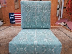 Seat and back cushions for a chair | Covers are made with an indoor-outdoor fabric print | Upholstered by Cape Cod Upholstery Shop | Located in South Dennis, MA