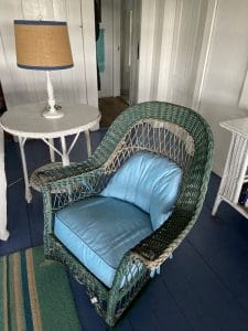 Wicker rocker with Sunbrella Canvas Cushions | Upholstered by Cape Cod Upholstery Shop | Located in South Dennis, MA