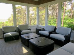 WhiteCraft Aruba Outdoor Wicker Set | Upholstered in a Sunbrella Contract Fabric | Upholstered by Cape Cod Upholstery Shop | Located in South Dennis, MA