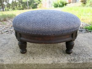 Antique Foot Stool | Upholstered in a JF Fabrics Performance Fabric with braided gimp trim | Upholstered by Cape Cod Upholstery Shop | Located in South Dennis, MA 02660