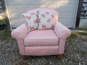 Upholstered Arm Chair with embroider Pillows | Upholstered in a Jane Shelton Fabic Willingham Red | Upholstered by Cape Cod Upholstery Shop | Located in South Dennis, MA 02660