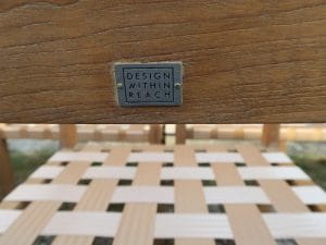 Design Within Reach Teak Furniture Label | Teak Chairs with new 2" Polyfab outdoor webbing | Upholstered by Cape Cod Upholstery Shop | Located in South Dennis, MA 02660