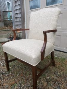 Martha Washington Style Chair side view | Upholstered in a Greenhouse Fabrics tweed | Upholstered by Cape Cod Upholstery Shop | Located in South Dennis, MA 02660