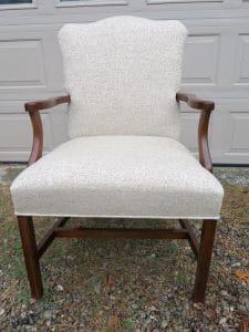 Martha Washington Style Chair | Upholstered in a Greenhouse Fabrics tweed | Upholstered by Cape Cod Upholstery Shop | Located in South Dennis, MA 02660