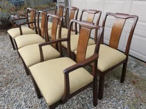 Set of 8 Walnut Dining Chairs | Upholstered in a Sunbrella Dupione-Bamboo fabric | Upholstered by Cape Cod Upholstery Shop | Located in South Dennis, MA 02660