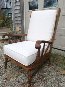 Hartshorn 3 Season High Back Maple Chair | Upholstered in a Sunbrella Action-Linen Fabric | Upholstered by Cape Cod Upholstery Shop | Located in South Dennis, MA 02660