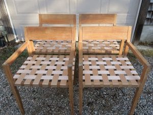 Set of 4 Outdoor Teak Manufactured by Design Within Reach | New 2" PolyFab outdoor webbing | Upholstered by Cape Cod Upholstery Shop | Located in South Dennis, MA 02660