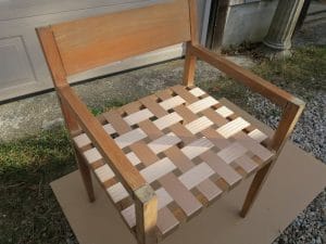 Teak Chair Manufactured by Design Within Reach | New 2" PolyFab outdoor webbing | Upholstered by Cape Cod Upholstery Shop | Located in South Dennis, MA 02660