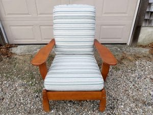 Maple Chair with loose seat and back cushions | Upholstered in a Greenhouse Fabrics Crypton Stripe | Upholstered by Cape Cod Upholstery Shop | Located in South Dennis, MA 02660