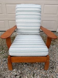 Cottage Maple Chair with loose seat and back cushions | Upholstered in a Greenhouse Fabrics Crypton Stripe | Upholstered by Cape Cod Upholstery Shop | Located in South Dennis, MA 02660
