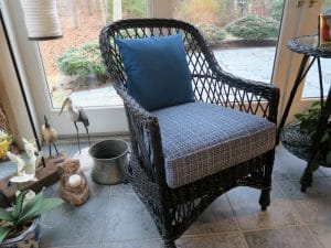 Wicker Chair Cushions | Sunbrella Throw Pillow and Greenhouse Fabrics Seat Cushion | Upholstered by Cape Cod Upholstery Shop | Located in South Dennis, MA 02660