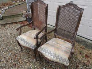 Two of ten Victorian cane back dining chairs | Upholstered in a reclaimed vintage South Western US design fabric | Upholstered by Cape Cod Upholstery Shop | Located in South Dennis, MA 02660