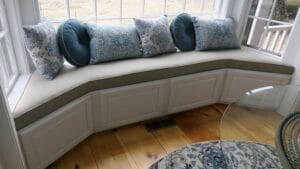 One piece Window Seat Cushion to fit bay window | Upholstered in a Revolution Base Fabric Upholstered by Cape Cod Upholstery Shop | Located in South Dennis, MA 02660