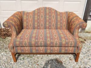 Camel Back Loveseat | Upholstered in a United Fabrics South Western style fabric | Upholstered by Cape Cod Upholstery Shop | Located in South Dennis, MA 02660