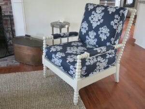 Walter SMITHE Chair | Frame painted in white Upholstered in an indoor-outdoor linen print fabric | Upholstered by Cape Cod Upholstery Shop | Located in South Dennis, MA 02660