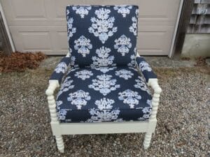 Walter SMITHE Chair | Upholstered in an indoor-outdoor linen print fabric | Upholstered by Cape Cod Upholstery Shop | Located in South Dennis, MA 02660