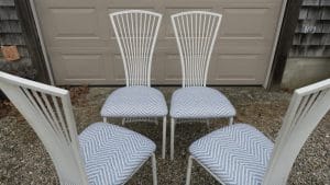Metal Dining Chairs with removable Seats | Upholstered in an exclusive Thibaut Fabrics Sunbrella Fabric | Upholstered by Cape Cod Upholstery Shop | Located in South Dennis, MA 02660