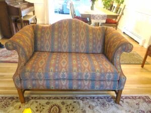 Camel Back Loveseat 4 | Upholstered in a United Fabrics South Western style fabric | Upholstered by Cape Cod Upholstery Shop | Located in South Dennis, MA 02660