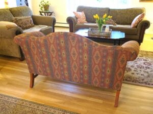 Camel Back Loveseat 3 | Upholstered in a United Fabrics South Western style fabric | Upholstered by Cape Cod Upholstery Shop | Located in South Dennis, MA 02660
