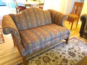 Camel Back Loveseat 2 | Upholstered in a United Fabrics South Western style fabric | Upholstered by Cape Cod Upholstery Shop | Located in South Dennis, MA 02660