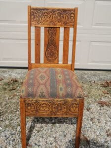 Oak Chair with South Western Style Carving | Upholstered in a United Fabrics South Western style fabric | Upholstered by Cape Cod Upholstery Shop | Located in South Dennis, MA 02660