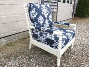 Walter SMITHE Chair 3 | Ready for delivery | Upholstered in an indoor-outdoor linen print fabric | Upholstered by Cape Cod Upholstery Shop | Located in South Dennis, MA 02660