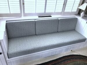 Built-in bench seating | One 85" long seat cushion and three back cushions | All new 2.6 density CertiPur-US Foam | Upholstered with a Greenhouse Fabric Crypton Finish | Upholstered by Cape Cod Upholstery Shop | Located in South Dennis, MA 02660