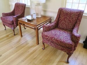 Small Queen Ann Style Matching Wing Chairs in the Customers Home | Upholstered in a United Fabric Crypton Venezia-Merlot | Upholstered by Cape Cod Upholstery Shop | Located in South Dennis, MA 02660
