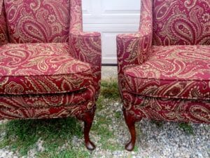 Small Queen Ann Style Matching Wing Chairs in tclose up view | Upholstered in a United Fabric Crypton Venezia-Merlot | Upholstered by Cape Cod Upholstery Shop | Located in South Dennis, MA 02660