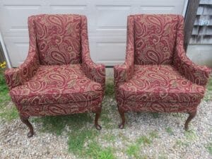 Small Queen Ann Style Matching Wing Chairs ready for delivery | Upholstered in a United Fabric Crypton Venezia-Merlot | Upholstered by Cape Cod Upholstery Shop | Located in South Dennis, MA 02660