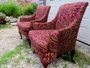 Small Queen Ann Style Matching Wing Chairs from the side view | Upholstered in a United Fabric Crypton Venezia-Merlot | Upholstered by Cape Cod Upholstery Shop | Located in South Dennis, MA 02660
