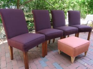 Parson Style Chairs & Foot Stool | Upholstered in a Sunbrella Canvas indoor-outdoor fabric | Upholstered by Cape Cod Upholstery Shop | Located in South Dennis, MA 02660