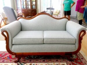 Antique Love Seat with gooseneck rolled arms and camel back style back | Upholstered in a Greenhouse Fabric from their new line of Sustain Performance Fabrics | Upholstered by Cape Cod Upholstery Shop | Located in South Dennis, MA 02660