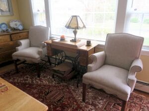 Small scale matching chairs in the customers home. Perfect size for either side of a table | Upholstered in a Greenhouse Fabric from the Sustain Collections Upholstered by Cape Cod Upholstery Shop | Located in South Dennis, MA 02660