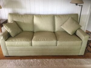 Replacement seat and back cushions for an Ethan Allen sleep sofa | New performance fabric from JF Fabrics blends beautifully with sofa body | Cushions upholstered by Cape Cod Upholstery Shop | Located in South Dennis, MA 02660