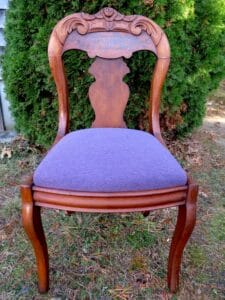 Landscape view of a small antique side chair, possibly Chippendale style. Upholstered in a United Fabrics Supreen Performance fabric. Upholstered by Cape Cod Upholstery Shop | Located in South Dennis, MA 02660