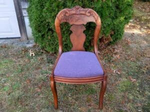 Portrait view of a small antique side chair, possibly Chippendale style. Upholstered in a United Fabrics Supreen Performance fabric. Upholstered by Cape Cod Upholstery Shop | Located in South Dennis, MA 02660