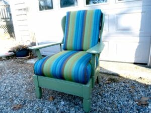 Cape Cod cottage style maple chair painted a sage green | Upholstered with a Sunbrella multi color stripe | Upholstered by Cape Cod Upholstery Shop | Located in South Dennis, MA 02660