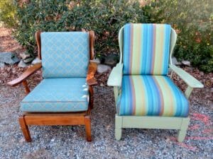 Two Cape Cod cottage style maple chairs. One stained in a natural maple finish and the other painted sage green | Upholstered with both an indoor-outdoor blue diamond pattern fabric and Sunbrella multi colored stripe | Upholstered by Cape Cod Upholstery Shop | Located in South Dennis, MA 02660