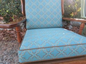 Classic cottage style maple chair with an indoor-outdoor blue diamond pattern fabric, highlighting the diamond pattern match | Upholstered by Cape Cod Upholstery Shop | Located in South Dennis, MA 02660