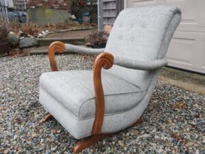 Upholstered rocking chair | Upholstered in a Greenhouse Fabrics sage green chenille | Upholstered by Cape Cod Upholstery Shop | Located in South Dennis, MA 02660