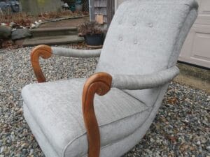 Upholstered rocking chair | Upholstered in a Greenhouse Fabrics sage green chenille | Upholstered by Cape Cod Upholstery Shop | Located in South Dennis, MA 02660