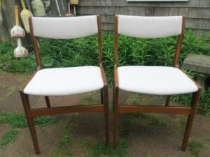 Danish Modern Chairs, viewing from the font of the chairs | Upholstered in a Sunbrella Action Linen fabric | Upholstered by Cape Cod Upholstery Shop | Located in South Dennis, MA 02660