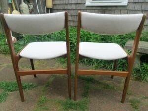 Danish Modern Chairs, viewing from the back of the chairs | Upholstered in a Sunbrella Action Linen fabric | Upholstered by Cape Cod Upholstery Shop | Located in South Dennis, MA 02660