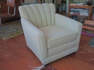 Antique Channel Back Chair | Upholstered in a moss green Greenhouse Fabric Krypton | Chair completed restored from the frame up | Upholstered by Cape Cod Upholstery Shop | Located in South Dennis, MA 02660