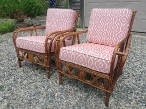 Rattan Matching chairs. Cushions fabricated using Sunbrella Welcome Guava and new high density foam wrapped in dacron. Cushions fabricated by Cape Cod Upholstery Shop | Located in South Dennis, MA 02660